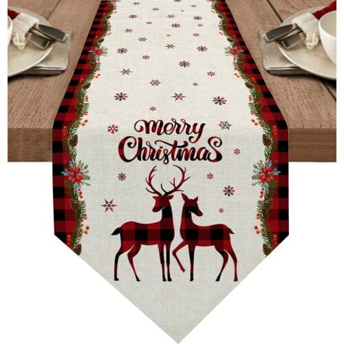 Christmas Snowflake Elk Red Plaid Table Runners Wedding Decoration Table Cover Christmas Decorations for Home Table Cloth