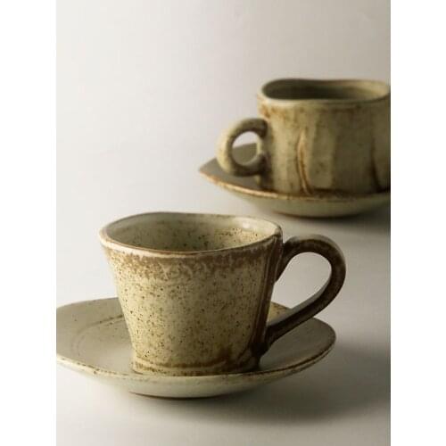 Handmade Pottery Coffee Cup Saucer Retro Stoneware Tea Cup Dish Fashion Afternoon Tea Mug Espresso Cups Drink ware