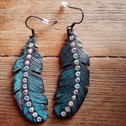Boho Ethnic Blue Feather Hanging Earrings for Women Turkish Jewelry Beads Crystal Peacock Blue Metal Dangle Earring