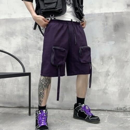 Multi Pockets Streetwear Hip Hop Cargo Shorts Summer Men Knee-Length Casual Techwear Short Pants Bermuda Masculina Purple White