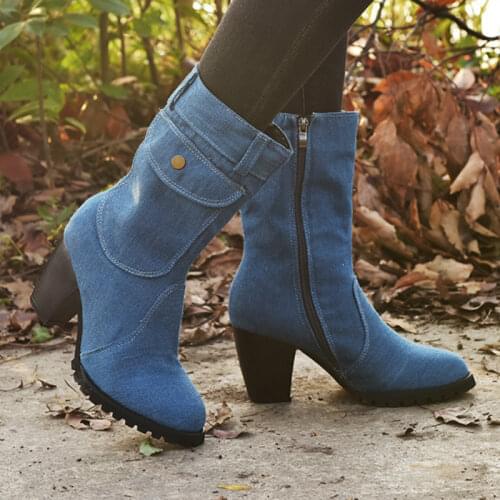 Trend Denim Women Mid-calf Boots Handmade Sewing Packet Fur Lining Platform Square Heel Fashion Retro Shoes Ladies Female 2020