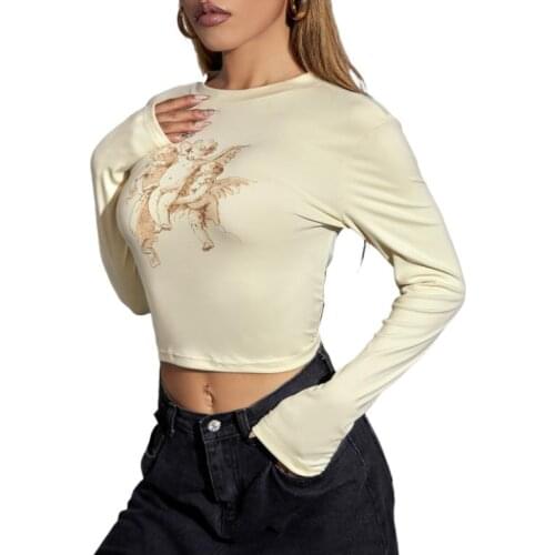 Women’s Casual Long Sleeve T-shirt Fashion Character Print Round Neck Exposed Navel Tops