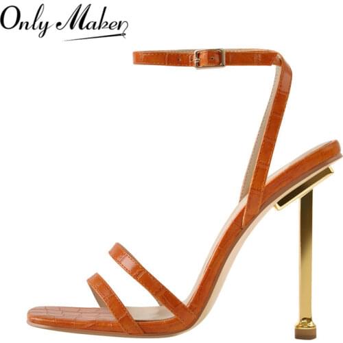 Onlymaker Womens Summer Sandals Orange Criss Cross Metal High Heel Stone Texture Stilettos Ankle Strap Golden Buckle Big Size