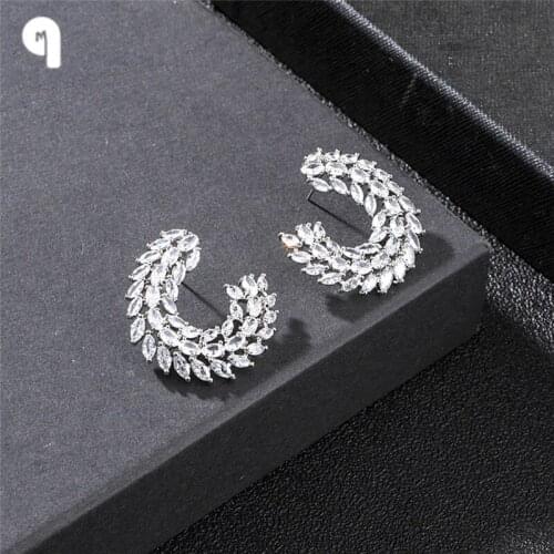 QM Luxury 18K Real Gold Silver Plated Leaves Stud Earrings for Women Micro Inlaid Cubic Zircon Earring Jewelry Party Gifts