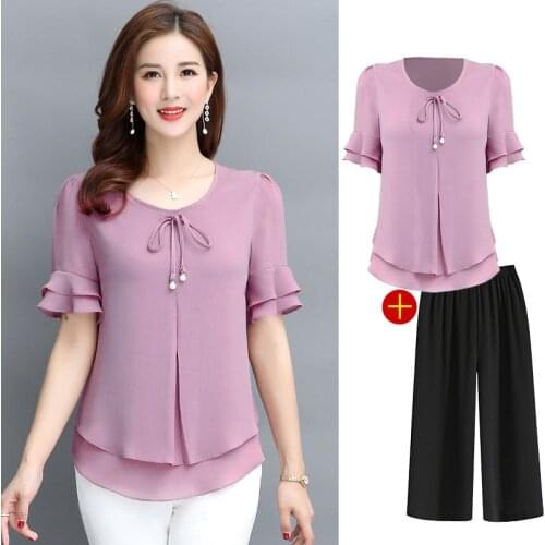 2020 Solid color all-match comfortable casual womens two-piece set summer new short-sleeved shirt + nine pants sweat suits