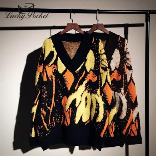 2020 Women Spring Autumn Fashion New Loose V-Neck Pullovers Female Hit Color Print Casual Korea Long Sleeve Sweater Top QL230