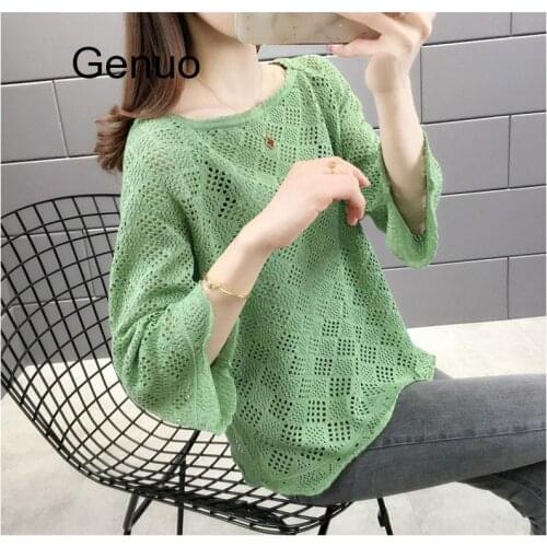 Women Fashion Hollow Out Summer Pullover Tops Mesh knitted Female O-Neck Pull Jumper Ladies Knitting Femme Pullovers Sweater Top