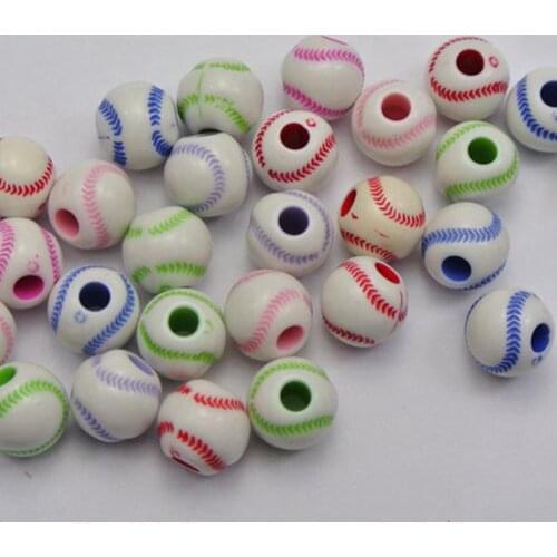 100 White with Mixed Color Baseball Pattern Acrylic Round Beads 12mm