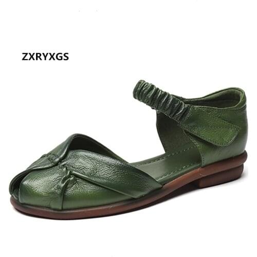 2021 New Fish Mouth Top Soft Cowhide Leather Sandals Ladies Sandals Flat Soft Sole Comfortable Women Sandal Shoes Summer Sandals