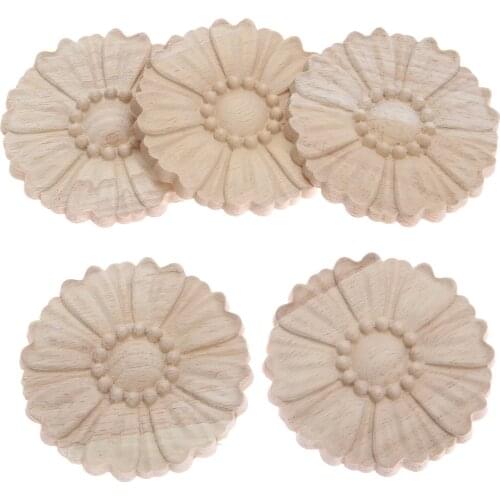 5pcs/set 8cm Round Floral Wood Carved Decal Corner Applique Frame Woodcarving Wooden Figurine Home Decor Furniture Small Patch