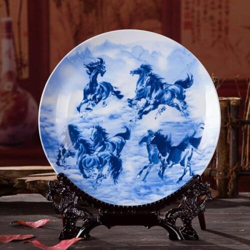 Antique Inmitation Artistic Blue and White Porcelain Decoration Plate with Printed Horse Painting