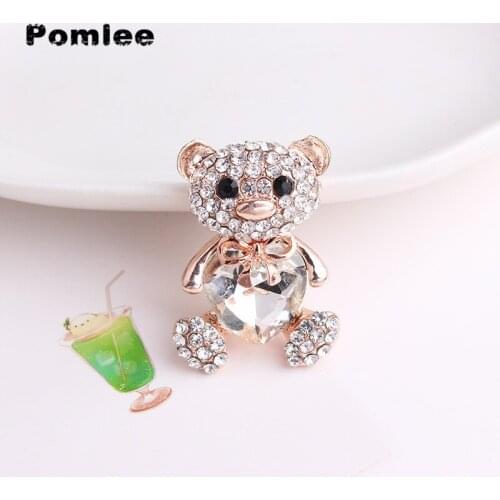 Pomlee Big Crystal Heart Bear Brooch Cute Animal Pins and Brooches for Women Dress Coat Badges Jewelry Hot Whosale