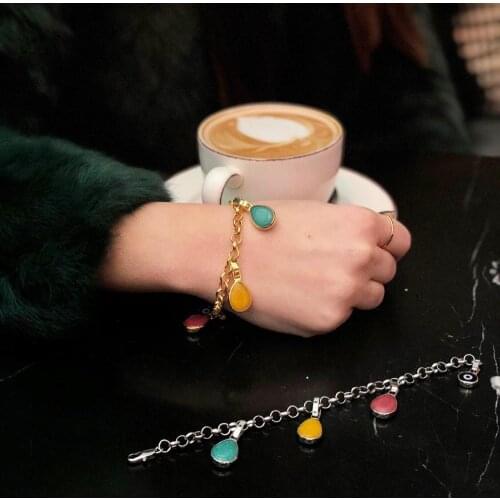 GULCE DERELI, 4 (FOUR) NATURAL STONE CHARM BRACELET, CHAIN BRACELETS, CHARM BRACELETS, GIFT BOX, GOLD/SILVER PLATED