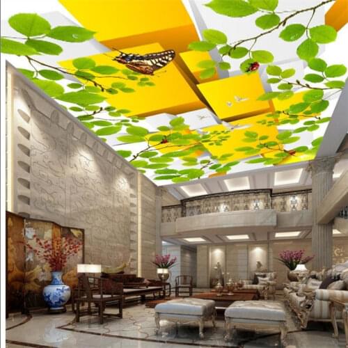 Customized large vinyl ceiling roll 3d ceiling painting branch pigeons ceiling murals non-woven 3d photo ceiling