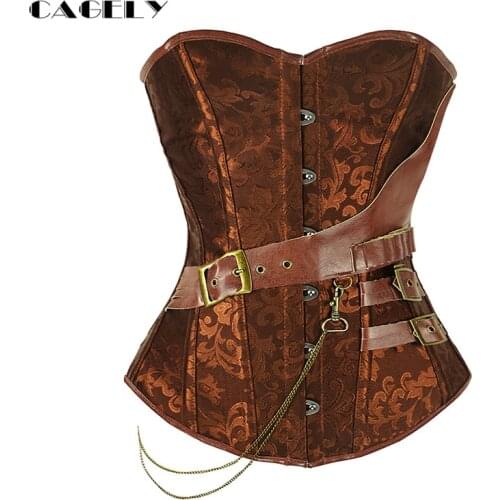 Steampunk Corset with Chain Buckles Retro Cosplay Fancy Party Outfits Pirate Girl Dress Coffee Black Lacing-up Basque Top S-6XL