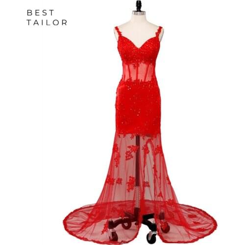 Red Prom Dresses 2021 Spaghetti Straps Transparent Sexy See Through Waist Evening Party Gowns Applique vestido de fiesta largo