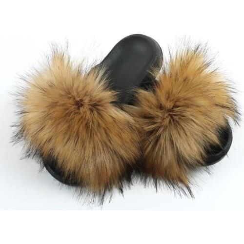 Todders Girls Fluffy Slides Summer Sandals Slippers With Faux Racoon Fur Furry 11 Color Homewear Shoes