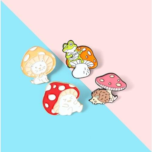 Cartoon Mushroom Enamel Pin Custom Cat Frog Hedgehog Brooches Shirt Lapel Bag Cute Animal Badge Jewelry Gift for Friends