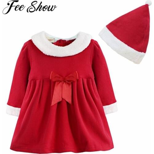 New Year NewBorn Baby Clothes Autumn/Winter Girls Christmas Santa Claus Bowknot Costume Dress with Hat Outfits SZ 12 Months-3Y