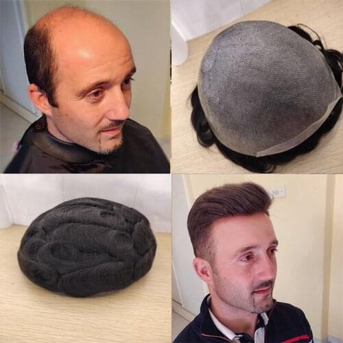 Remy Men Toupee French Full PU Base Jet Black Colored Remy Human Hair Perimeter Natural Hairline Replacement For Men Hair