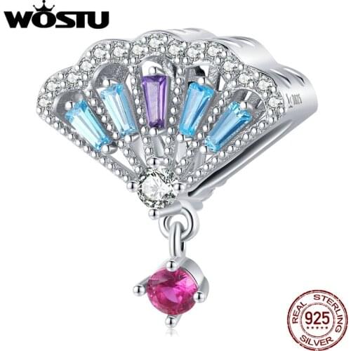 WOSTU Authentic 925 Sterling Silver Chinese Fan Beads Charms Pendant Fit Original Bracelets Bangles Women DIY Fine Jewelry Gift