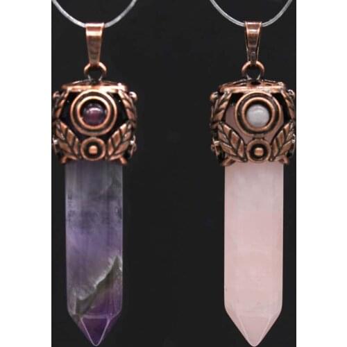 Natural Crystal Stone Pendants Necklaces For Women Men Red Antique Copper Hexagonal Column Leaf Energy Pendant Vintage Jewelry