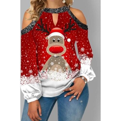 Christmas Tshirts Women O Neck Cute Elk Print Lantern Sleeve T Shirt Sexy Off Shoulder Top Autumn Long Sleeve Oversized T Shirt
