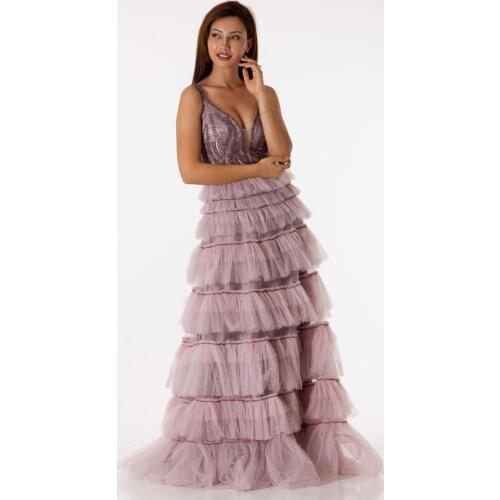 SHECCA (63106) V Neck Tulle Lace Dress Lavender