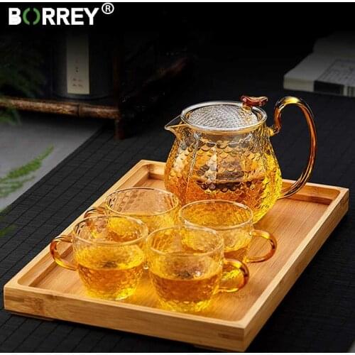 BORREY Glass Tea Set High Borosilicate Glass Teapot Cup Flower Teapot With Removable Filter Puer Kettle Kung Fu Tea Set Gift box