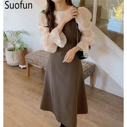 Suofun A-Line V-Neck New 2021 Womens Vintage Korean Style Puff Sleeve Female Autumn Winter Dresses High Waist Elegant Dress