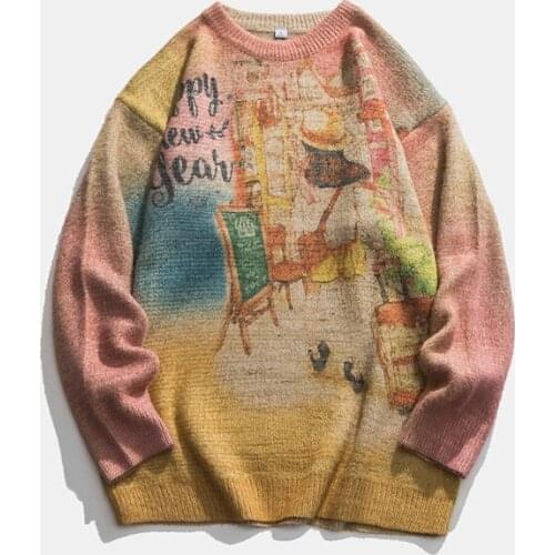 Van Gogh Sweater Couple O-neck Pullovers Oil Painting Street Scene Pullovers Autumn Harajuku Long Sleeve Wool Loose Male Sweater