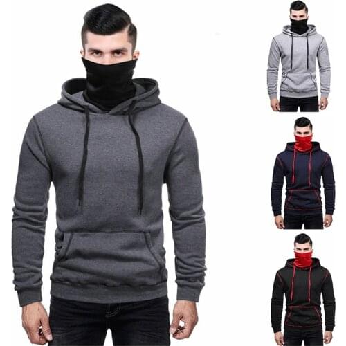 Mens Hooded Sweatshirt Casual Solid Color Long Sleeve Turtleneck Pullover Hoodies with Kangaroo Pocket