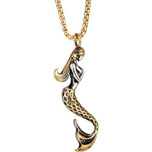 Titanium Steel Necklace Mermaid Pendant Jewelry Accessories for Men (Golden)