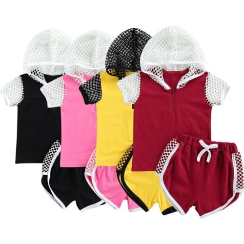 FOCUSNORM 0-4Y Summer Kids Girls Causal Clothes Sets Solid Hollow Out Hooded Short Sleeve Tops Shorts 4 colors