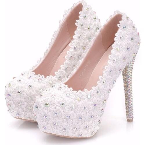 Crystal Queen Custom White Lace Flower Women Wedding Shoes Sexy Bridal Women Wedding Shoes White AB Color Crystal Pumps