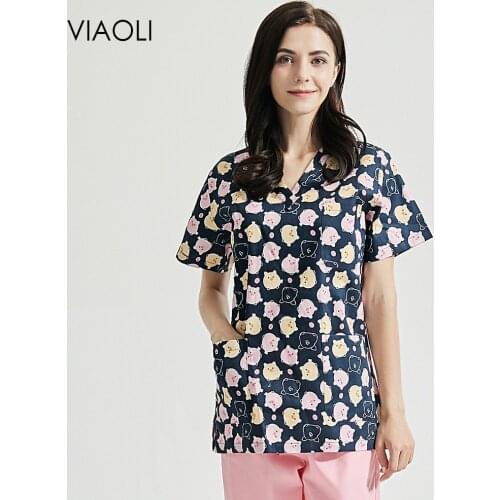 High quality Unisex Scrubs tops wholesale price Cartoon printing beauty salon workwear scrub tops/pants/set cleaning job uniform