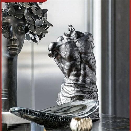 WU CHEN LONG Abstract Retro Stripe Man Statue Broken Arm Nude Figure Art Sculpture Resin Crafts Classical Home Decoration R5304