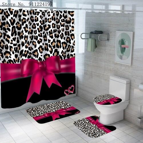 Girly Pink Ribbon Leopard Print Waterproof Shower Curtain Set With Cheetah Leopard Carpets Toilet Cover Bath Mat Bathroom Decor