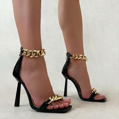 2021 summer new fashion sexy solid color buckle chain decoration stiletto super high heel female sandals