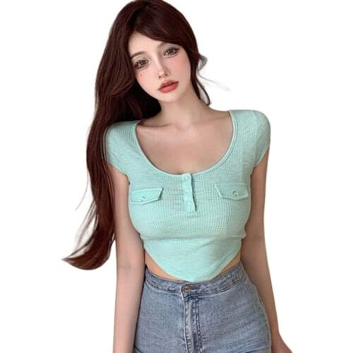 EFINNY 2021 Women Tank Tops Korean Style Tops White Tops Green Tops Summer Short Sleeve T-shirt