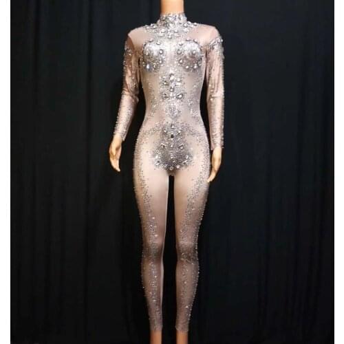 HIGH QUALITY Good Strecth Long Sleeve Hand-make Beading Full Length Bodycon Jumpsuits Dance Party Celebrity Jumpsuits