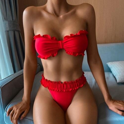 Solid Bikini Set Underwire Ruffles Push Up Padded Swimsuit For Women Sexy Bandeau Female Bathing Suit 2021 Summer Biquini #T2G