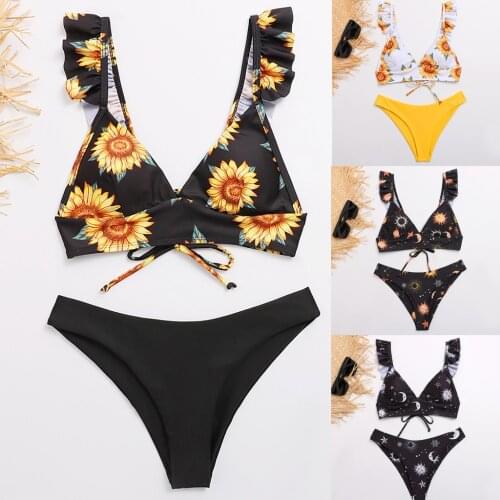 Bikini 2021 Swimsuit Women Sunflower Star Print V Neck Two Pieces Bikini Swimwear Swimsuit Beachwear bañadores mujer 2021