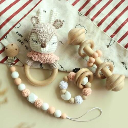 Baby Pacifier Clip Chain Newborn Dummy Holder Teething Bracelet Crochet Elk Soother Toy Infants Rattle Teether Gifts