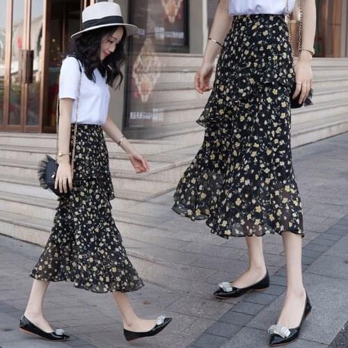 Elegant Chiffon Skirts Summer New Floral Skirts Mid-Calf High Waist Irregular Flounce Black Blue Midi Skirts Chic Women Bohemian