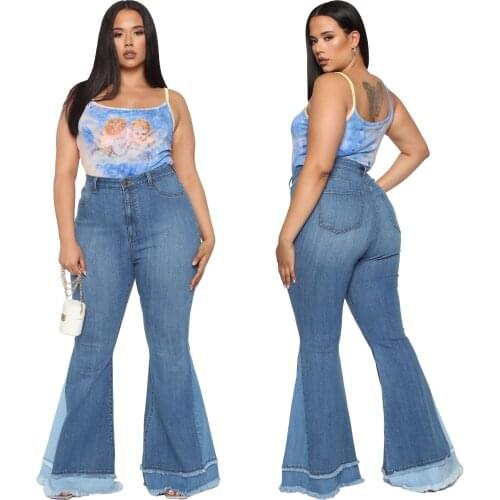 European and American plus size womens summer fashion all-match color matching stretch wide leg pants flared pants mom jeans