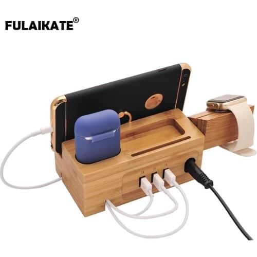 FULAIKATE Wood Bamboo 3-Ports USB Stand for Mobile Phone Watch Earphone Universal Desktop Holder Charging Dock Station Bracket