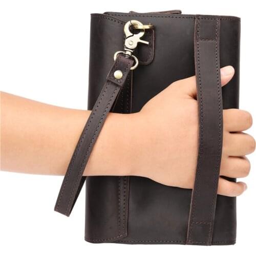 Mens RealLeather Clutch Bag Cowhide Handbag Underarm Clip Bag with Wrist Strap Phone Card Purse Male Business Cash Check Holder