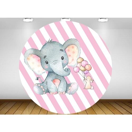 Round circle background girl baby shower pink stripes cute elephant backdrop birthday party decor candy table fabric YY-267