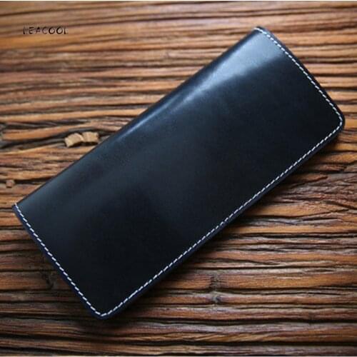 LEACOOL Genuine Leather Long Wallet Men Vintage Cowhide Handmade Slim Thin Wallets Purse Card Holder Carteira